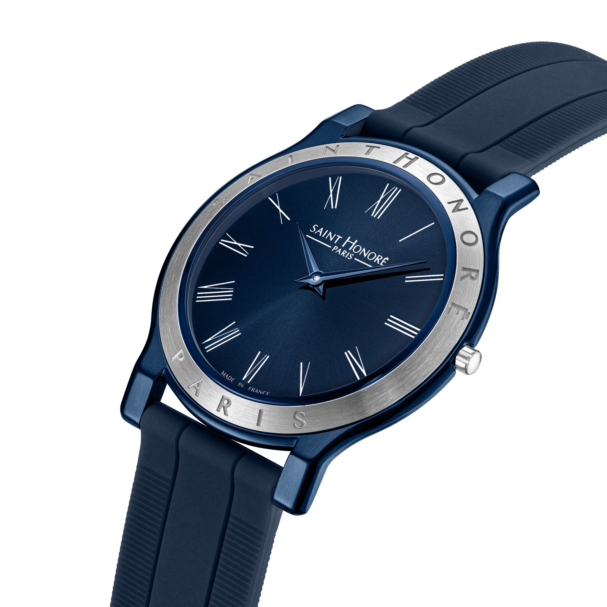 Blue watch with a blue dial, silver-toned bezel with "SAINT HONORE PARIS" engraving, white Roman numerals, and a blue silicon