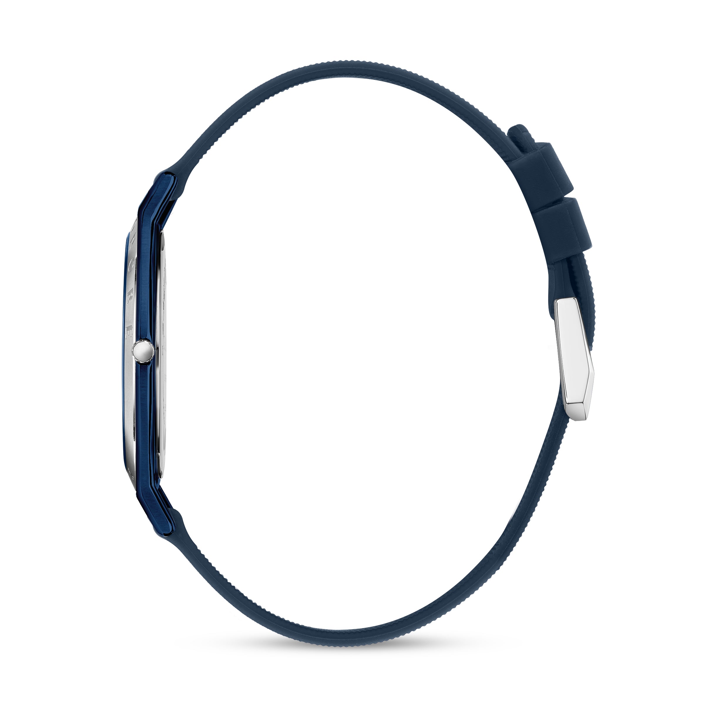 Blue watch with a thin case, blue ribbed silicon strap, silver-toned buckle, and a silver-toned crown.
