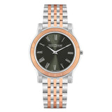 Saint Honore watch with a silver-toned and rose gold-toned metal bracelet, dark green dial, and Roman numerals.