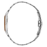 Silver-toned watch with a brown-toned case side and a silver-toned metal link band with a visible clasp, viewed from the side