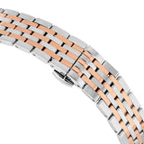 Two-tone metal watch band with brushed silver-toned outer links and polished rose gold-toned inner links, forming a striped p