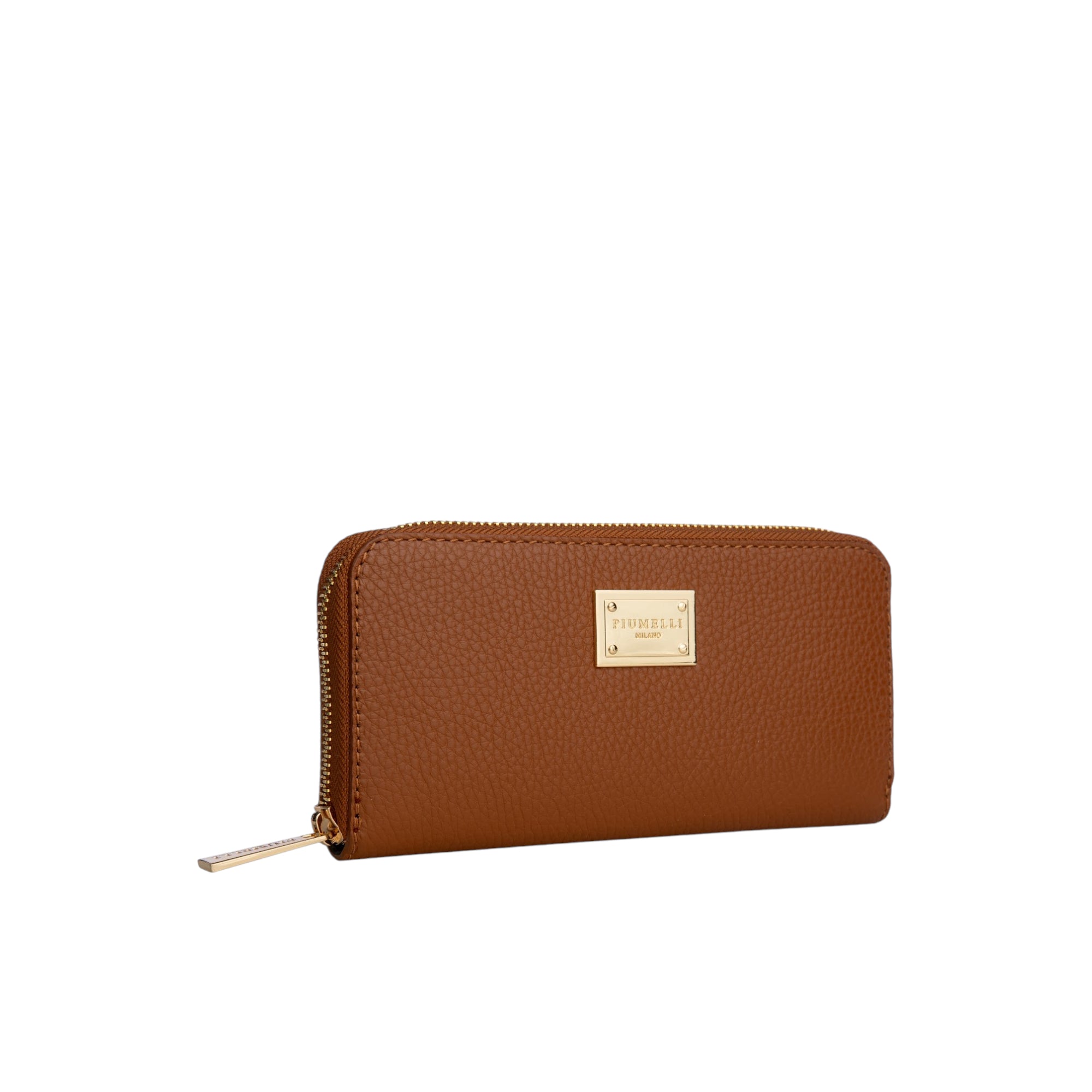 Tobacco brown pebbled wallet with a gold-toned zipper closure and a rectangular gold-toned 'FIUMELLI MILANO' logo plate.
