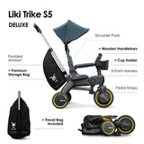 Ocean blue and dark gray trike with yellow wheel accents, blue canopy, padded armrest, wooden handlebars, cup holder, and a s