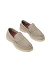 Pair of taupe suede slip-on loafer shoes with moccasin stitching, a strap detail on the vamp, and a light-coloured flat sole.