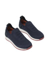 Pair of navy blue knitted mesh slip-on shoes with ribbed details, white midsoles, reddish-brown outsoles, and black heel tabs