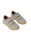 Pair of Prestige kids' grey suede sneakers with three hook-and-loop straps, brown lining, and a gum-coloured sole.