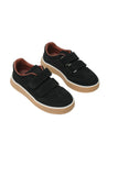Pair of black suede sneakers with three velcro straps, brown lining, white midsole stripe, and light brown rubber outsoles.