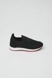 Black knitted mesh slip-on sneaker with ribbed top, white midsole, dark red outsole, and small heel logo.