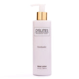 Front view of D'Elites Fragrant Body True Sensation Body Lotion in an 8 fl. oz. (236 ml) pale pink bottle with a white and gold pump dispenser on a crisp white background.