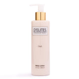 Front view of D'Elites Fragrant Body True Sensation Body Lotion in an 8 fl. oz. (236 ml) pale pink bottle with a white and gold pump dispenser on a crisp white background.