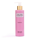 Front view of D'Elites Fragrant Body True Sensation Body Lotion in an 8 fl. oz. (236 ml) pale pink bottle with a white and gold pump dispenser on a crisp white background.