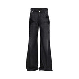 Ermanno Firenze dark charcoal wide-leg denim trousers with high waist and black velvet floral appliqués. Exclusive Online.