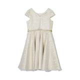 Back view of the ivory and gold brocade dress by David Charles, showcasing the cap sleeves and seamless concealed zipper closure.