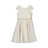 Front view of an ivory David Charles girls' party dress with metallic gold abstract brocade and a sparkling gold crystal-encrusted waistband.