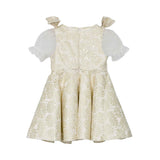 Back view of the David Charles gold starburst dress showing the structured A-line skirt and invisible back zipper.