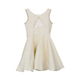 Back view of the David Charles ivory and gold houndstooth dress showing a V-shaped cut-out detail and a concealed zipper closure.