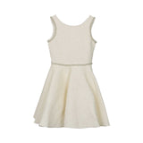 Front view of a David Charles girls' ivory and gold and cream houndstooth brocade party dress featuring pearl-beaded trim at the neckline and waist.