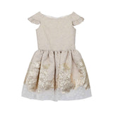 Front view of a David Charles girls' champagne gold brocade party dress featuring metallic gold floral embroidery and ruffled cap sleeves.