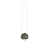 Close-up of the David Charles evening bag showing the intricate vertical crystal stripes and polished gold-tone clasp.