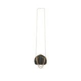 Front view of a David Charles black and gold striped crystal clutch with decorative draped chains and a long gold shoulder strap.