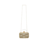 Front view of a David Charles gold evening bag featuring intricate crystal-encrusted floral patterns and a jewel clasp.