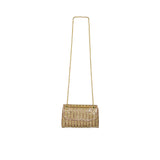 Front view of a David Charles gold evening bag featuring vertical rows of shimmering crystals and a long gold chain strap against a white background.