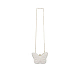 A front view of a David Charles butterfly-shaped clutch bag in shimmering white and pink glitter with a gold-tone chain strap