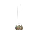 Front view of a David Charles multicolour crystal clutch bag featuring a vibrant mosaic pattern, a silver top handle, and a long silver chain strap.