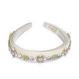 Detailed view of the inner lower base of the headband, showing the gathered white elasticated fabric panel designed for a comfortable fit.