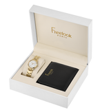 A high-angle studio shot of the Freelook Paris luxury 2-piece gift set inside an opened white presentation box, showcasing the gold-plated link bracelet watch on a cushion and the black pebbled leather wallet stamped with the gold Freelook logo.