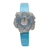 Crisathena Paris Desert Rose Women’s Watch – White Gold Tone with Blue & White Crystal Pave and Blue Leather Strap