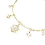A detailed macro close-up shot focusing on the focal charms of the Swarovski Magic bracelet, emphasizing the flawless alignment of the mixed-cut clear crystals that form the intricate snowflake and surrounding star motifs.
