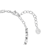 A macro close-up view of the Swarovski Mesmera bracelet's lobster claw fastener and extender links, displaying the high-shine silver-tone finish and the dangling octagonal tag engraved with the signature swan logo.