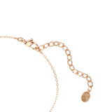 A macro close-up view of the Swarovski Only bracelet's lobster claw closure and extender links, showcasing the highly polished rose gold finish and the dangling octagonal tag engraved with the signature swan logo.
