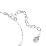 A macro close-up view of the Swarovski Swan bracelet's lobster claw clasp and extender links, showcasing the highly polished silver-tone metal and the dangling octagonal tag engraved with the signature swan logo.