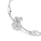 A detailed macro close-up shot focusing on the central swan motif of the Swarovski Swan bracelet, highlighting the dimensional wing layers formed by crisp, marquise-cut clear crystals.