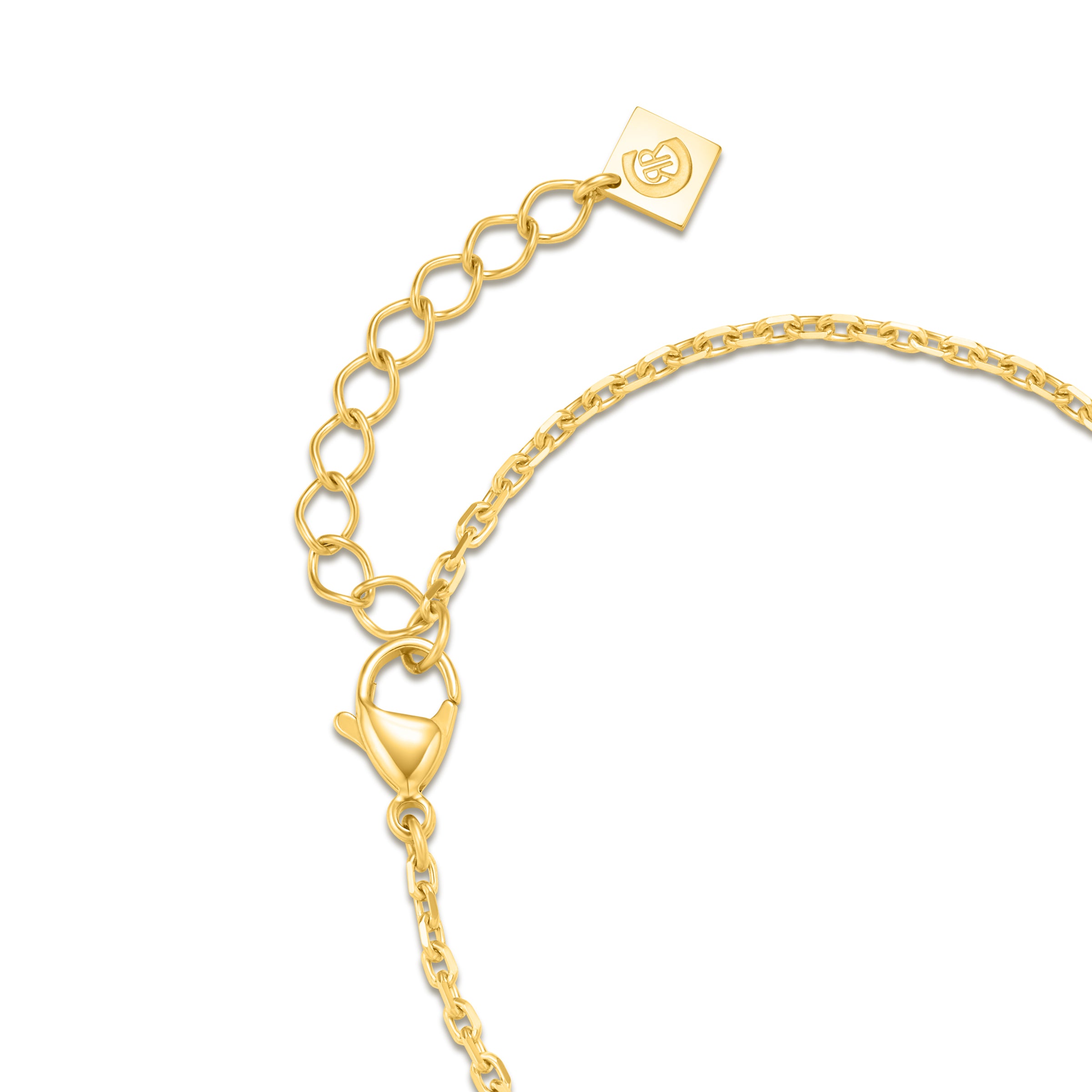 Detailed view of the Cerruti 1881 gold charm bracelet's secure lobster clasp fastening and the adjustable extender links ending in a mini branded logo plaque