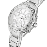 A close-up, three-quarter perspective studio shot of the Swarovski Dextera watch head against a dark background, showcasing the fine markings on the tachymeter bezel and the subtle texture of the silver grid dial.