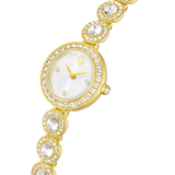 A diagonal three-quarter perspective studio shot of the Swarovski Una Angelic watch face, emphasizing the depth of the crystal halo, the delicate gold-tone hands, and the brilliant faceting of the upper link elements.