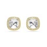 A flawless, direct frontal product shot of the Swarovski Una Angelic stud earrings, illustrating the symmetrical, geometric beauty of the twin white cushion-cut central stones encased within a perfectly aligned, shimmering crystal pavé halo trim.