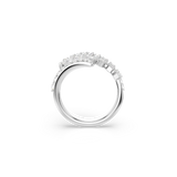 A direct side-elevation profile view of the Swarovski Vienna open ring, emphasizing the architectural height of the crystal-embellished feather setting and the graceful, overlapping curvature of the rhodium-plated shank.