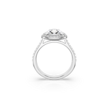 A direct side-elevation profile view of the Swarovski Una Angelic halo ring, highlighting the architectural basket setting holding the cushion-cut crown and the smooth arc of the platinum-toned rhodium band.