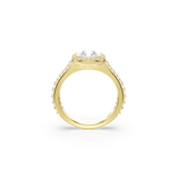 A direct side-elevation view of the Swarovski Una Angelic ring, emphasizing the architectural profile height of the main cushion-cut crown, the smooth arc of the 18K gold-plated band, and the precise setting alignment of the side-pavé trim.