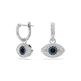 Alternate three-quarter studio layout of the Swarovski Symbolica hoop earrings, illustrating the secure click-in hinge posts and the brilliant shine of the multi-toned blue and clear crystals.