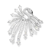 A dynamic three-quarter studio perspective of the Swarovski Vienna swan brooch set against a stark black background, emphasizing the three-dimensional depth and intense light refraction of the clear crystals.