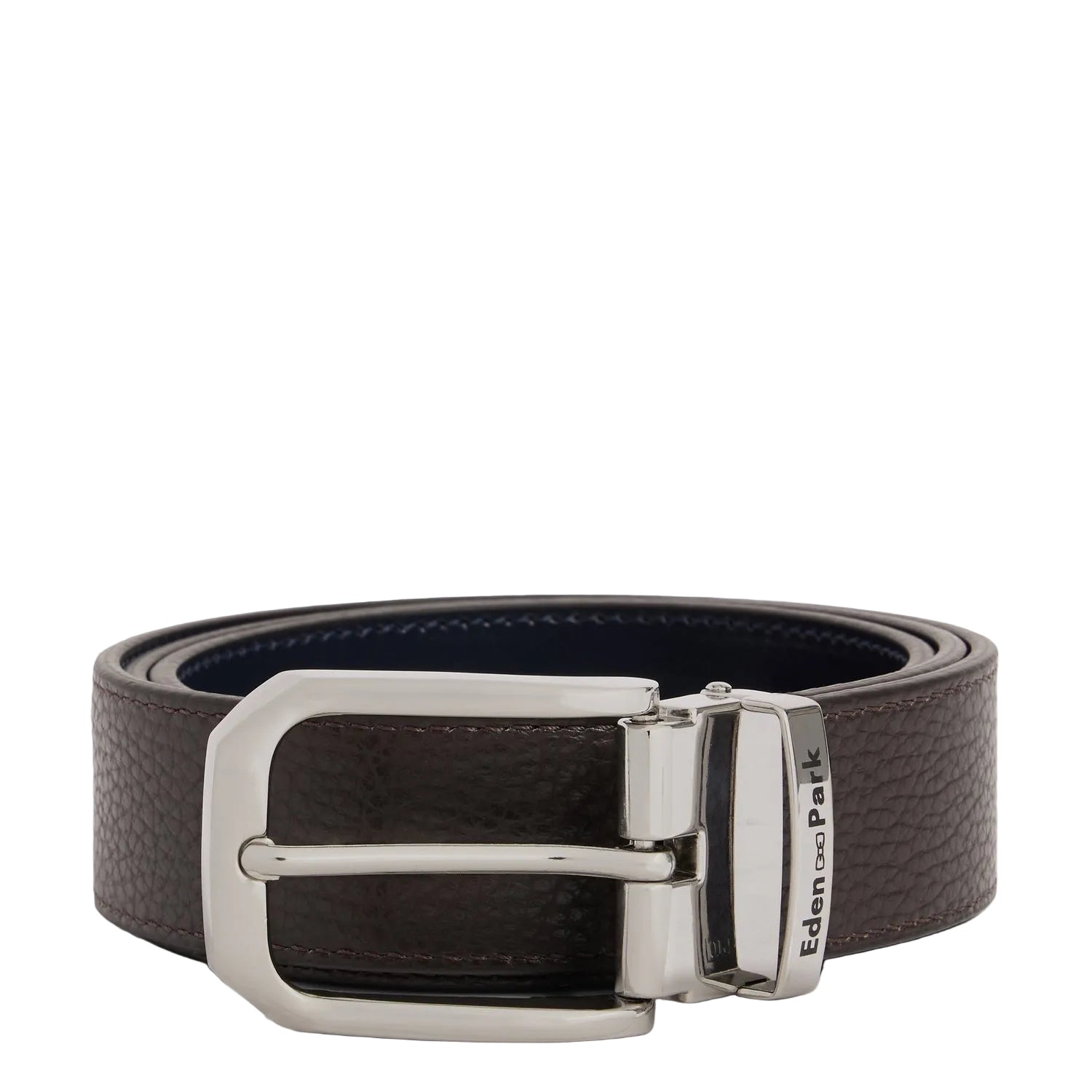 Dark brown pebbled leather belt with a silver-toned rectangular pin buckle and a navy blue reverse side.