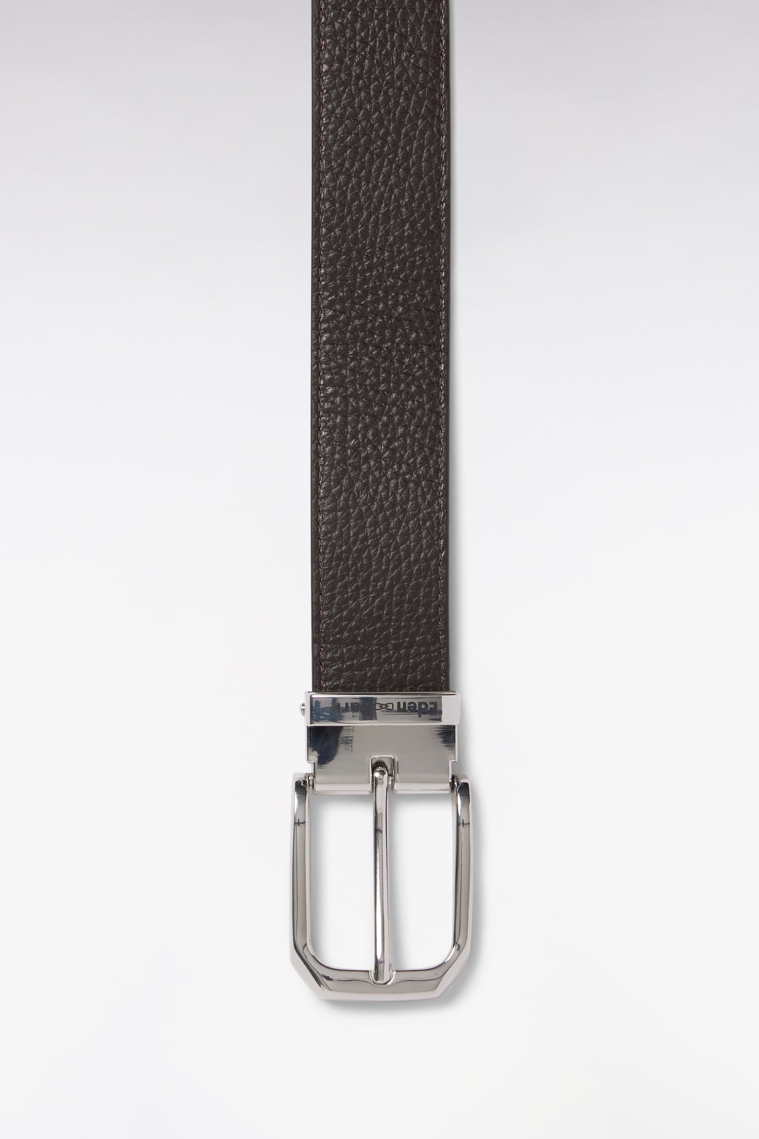 Dark brown pebbled leather belt with a silver-toned rectangular buckle and a reversible silver-toned connector.