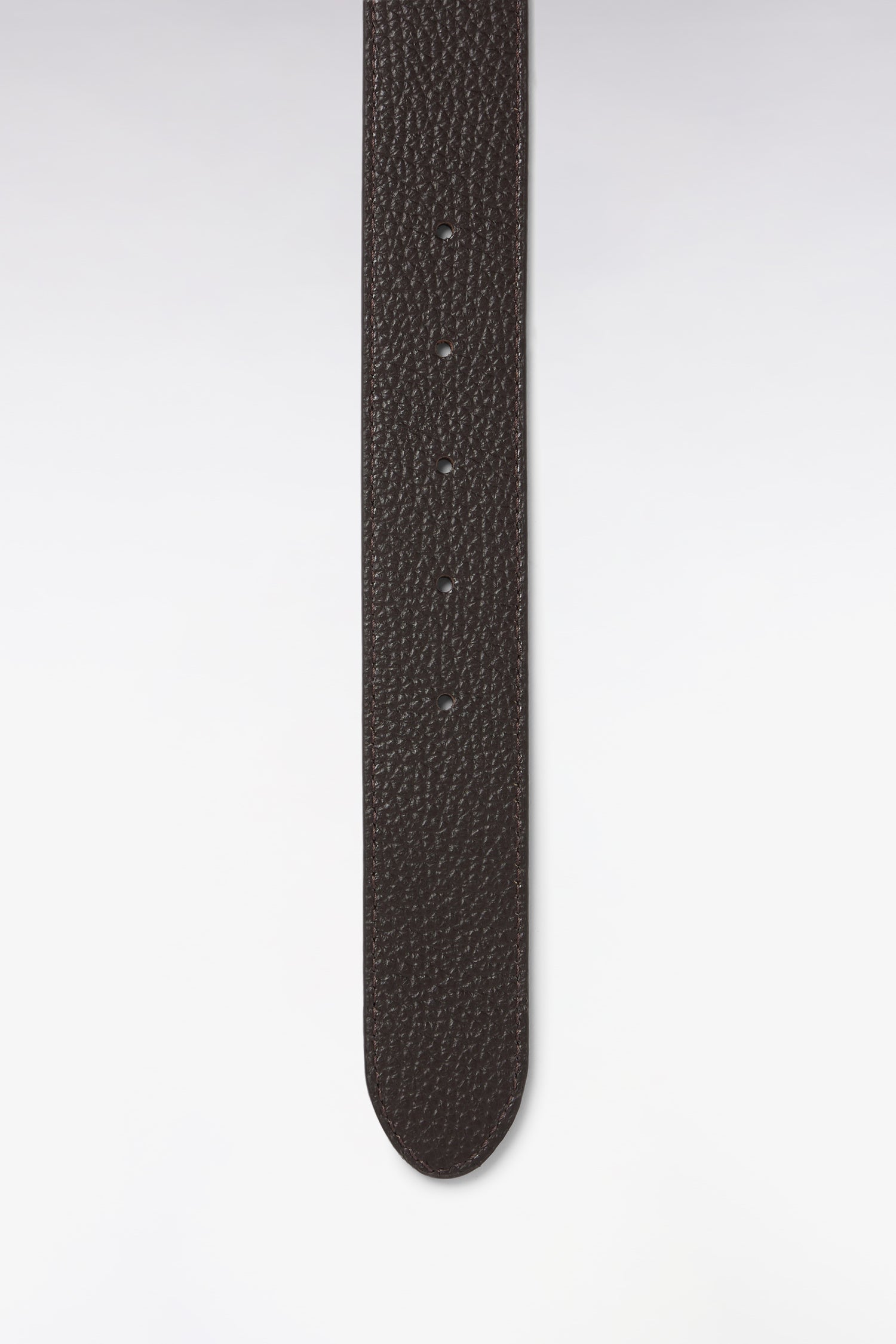 Dark brown textured leather belt with visible stitching along the edges, multiple adjustment holes, and a rounded end.