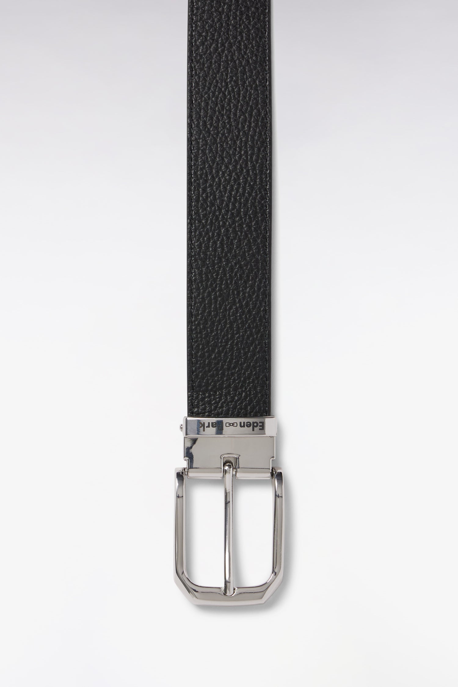 Black pebbled leather belt with a silver-toned rectangular buckle featuring a single prong and "Eden Park" logo.
