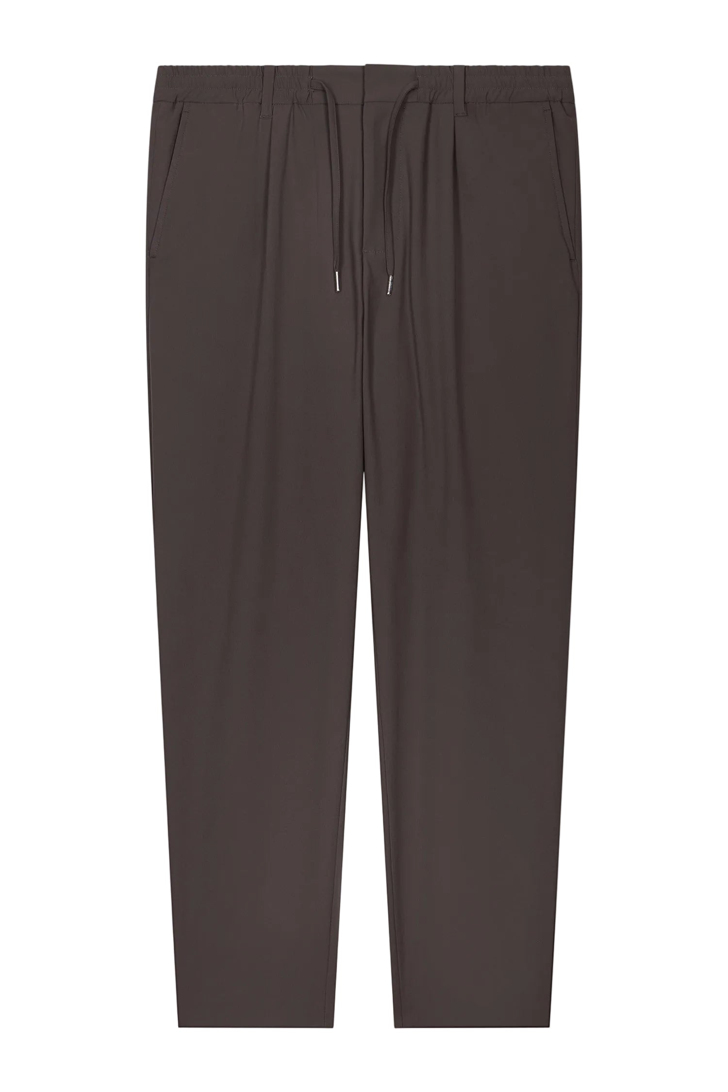 Dark blue trousers with an elasticated waistband, drawstring with silver-toned aglets, two slanted side pockets, and a straig